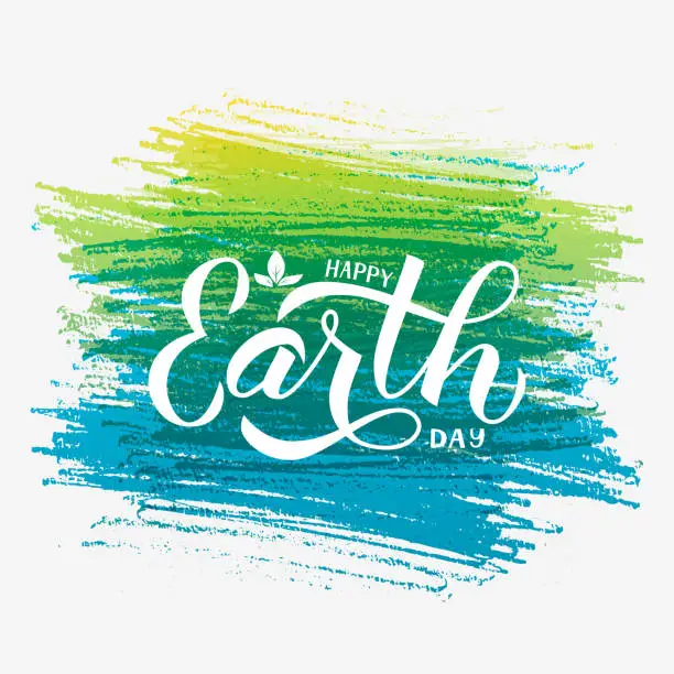 Vector illustration of Happy Earth Day calligraphy hand lettering on colorful brush stroke background.  Easy to edit vector template for typography poster, banner, symbol design, flyer, greeting card, brochure.