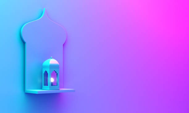 istock Arabic window shelf and lantern on blue pink violet gradient background. 1142327299