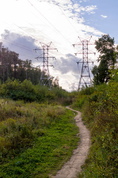 istock power line at summer. industrial, nature. 1142328036