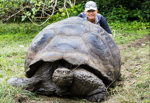 Tortoise with a woman in the forest