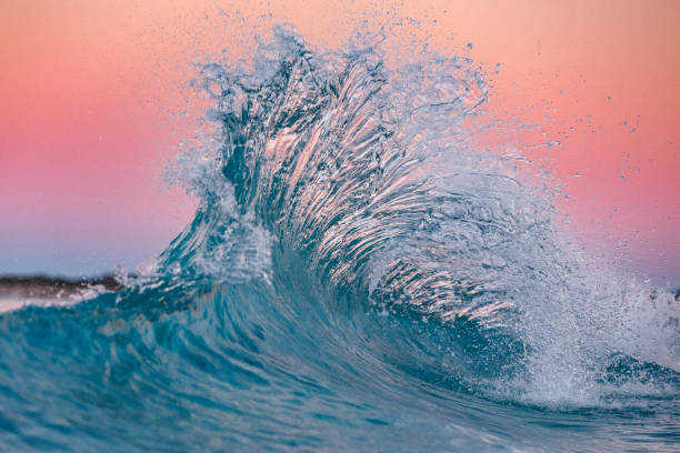 Pink flare in the ocean Wave breaking in blue hour against a pink sky at sunset blue hour twilight stock pictures, royalty-free photos & images