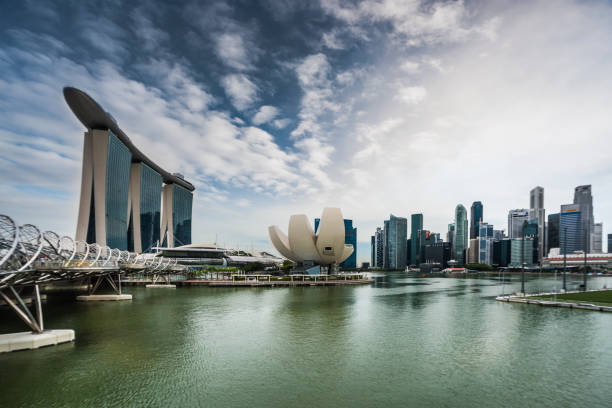 Singapore - April 03, 2019: Singapore city landscape at day blue sky. Pedestrian DNA bridge at Marina Bay view. Urban cityscape
