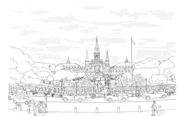 Jackson Square Illustration Hand drawn illustration. Jackson Square in the French Quarter in New Orleans on a busy day, with the St. Louis Cathedral rising above the beautiful park. jackson square stock illustrations