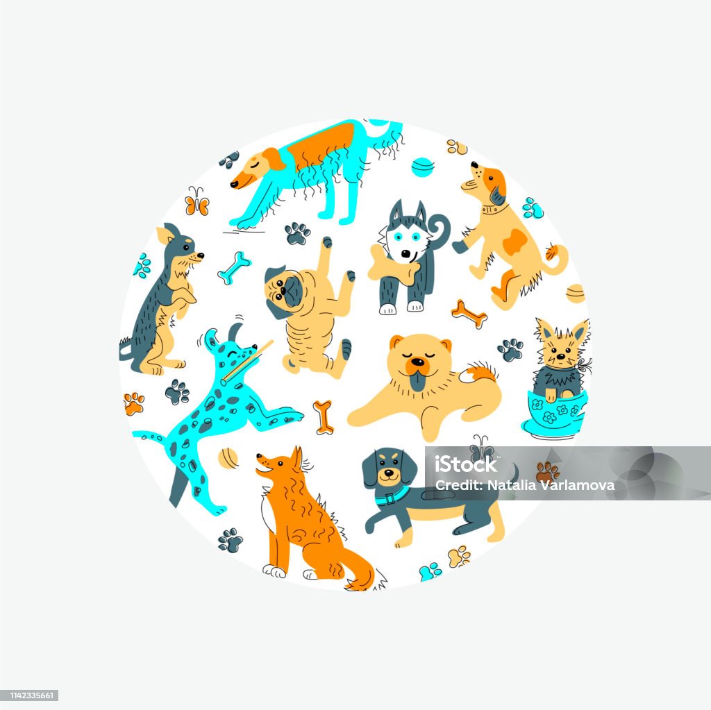 Circle shape with hand drawn sketch style dogs. Circle shape with hand drawn sketch style dogs. Flat and line style vector illustration isolated on background. Animal stock vector