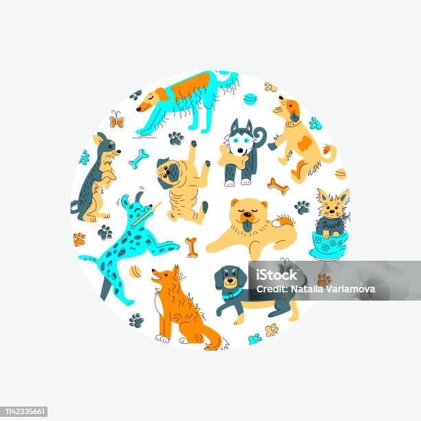 Circle Shape With Hand Drawn Sketch Style Dogs Stock Illustration - Download Image Now - Animal, Animal Body Part, Animal Head