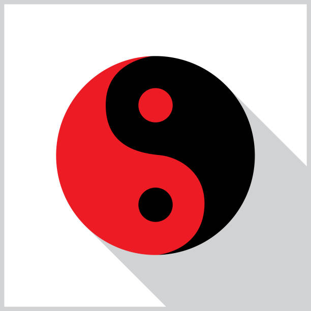 Yin Yang Shadow Icon Vector illustration of a red and black yin yang with a shadow on a white background with a gray border. yin yang symbol stock illustrations