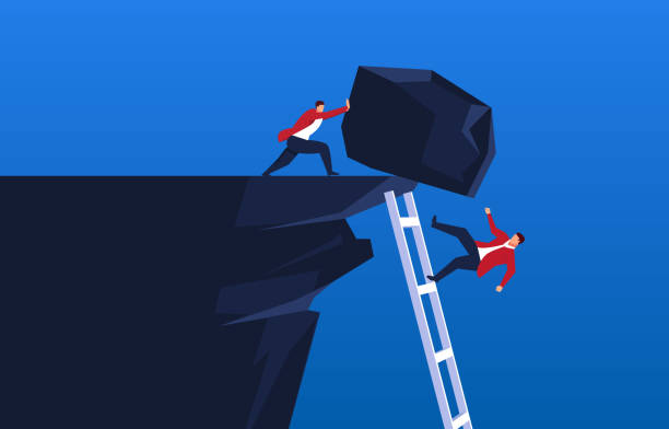 ilustraciones, imágenes clip art, dibujos animados e iconos de stock de el empresario utiliza la piedra para evitar que el compañero de escalada a la cima - cliff ladder business problems