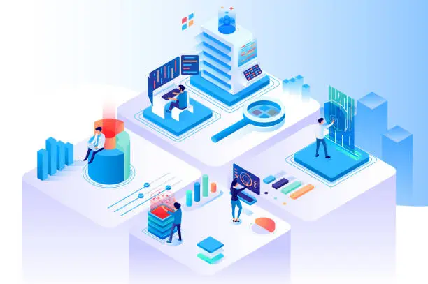 Vector illustration of 3d isometric extended data center with computers, diagram and information security.