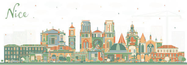 ilustrações, clipart, desenhos animados e ícones de skyline agradável da cidade de france com edifícios da cor. - city of nice illustrations