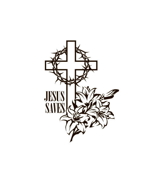 cross and lily black religion cross with lily and thorn crown isolated on white background pics of a cross easter lilies stock illustrations