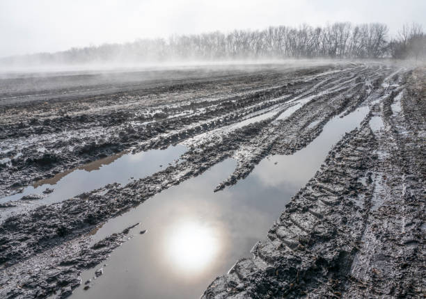 istock broken dirt road on an agricultural field in early spring 1142355417