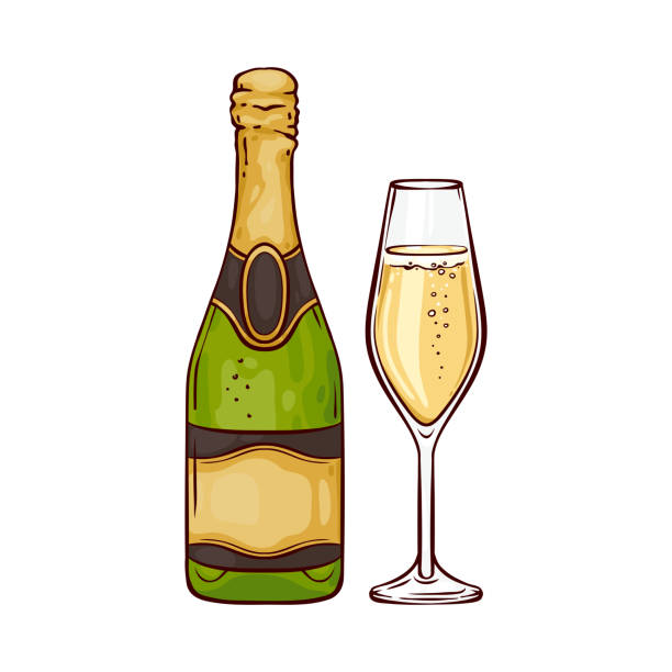 ilustrações, clipart, desenhos animados e ícones de vector a ilustração do champanhe no frasco e no wineglass próximos no estilo do esboço. - champagne flute wine isolated wineglass