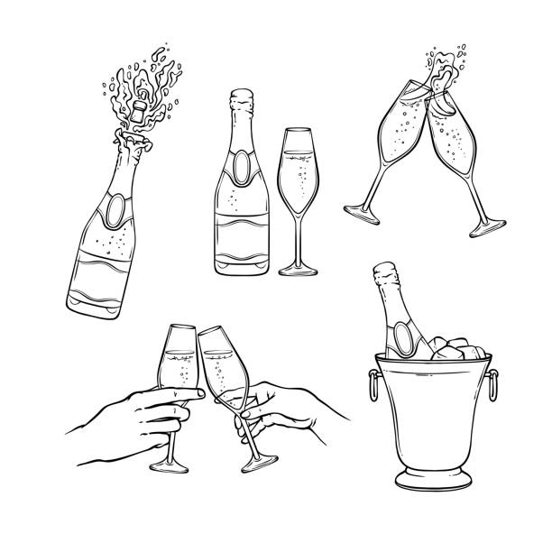 ilustraciones, imágenes clip art, dibujos animados e iconos de stock de ilustración vectorial de champagne configurada en estilo de boceto en blanco y negro. - champagne