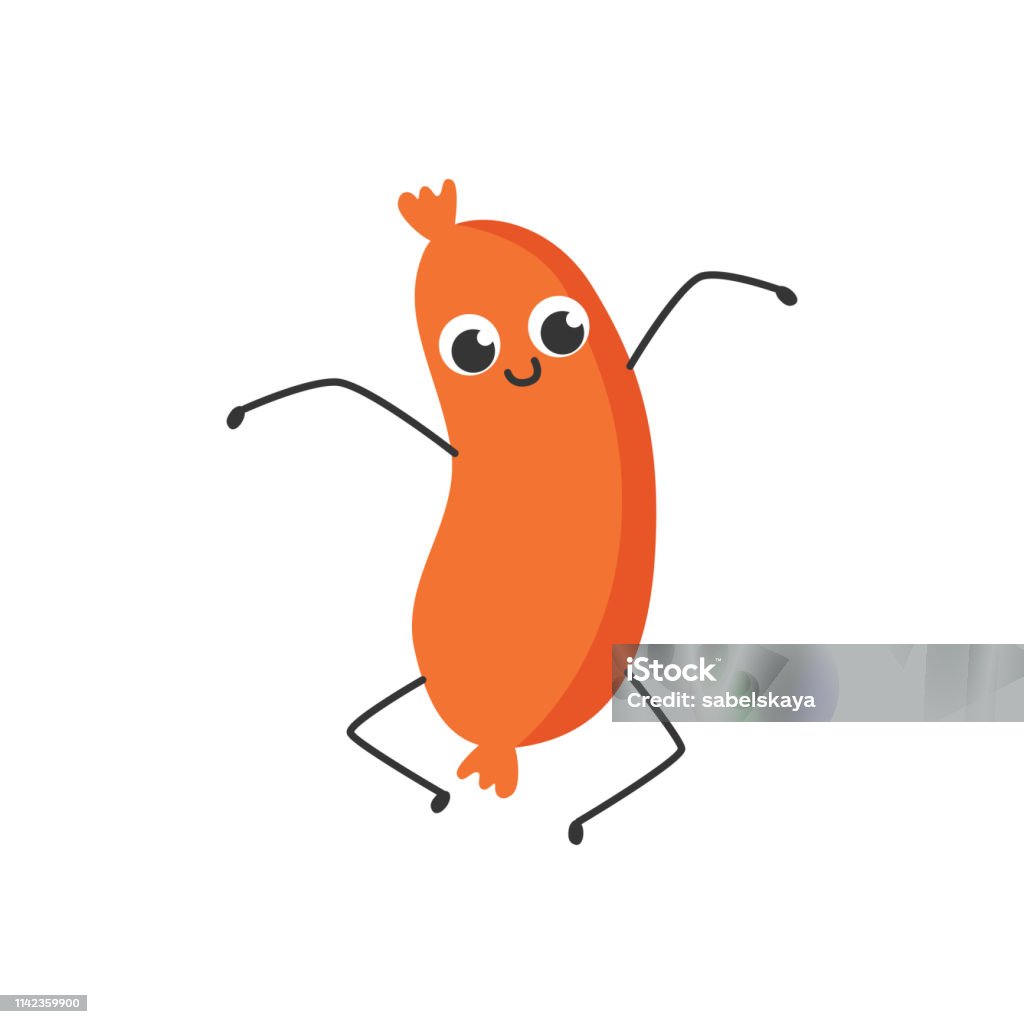 Vector funny sausage character jumping having fun Vector funny sausage character jumping or dancing having fun. Delicious fast food, frankfurter or barbecue meal for cafe, bbq restaurants decoration design. Isolated illustration American Culture stock vector