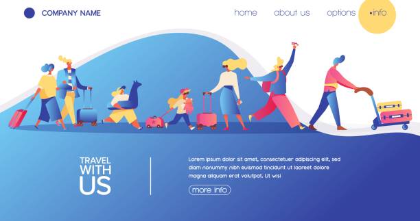 Vector concept banner with travelling people Vector concept banner with travelling people. Happy flat character with luggage, kids and bags. Landing page for vacation, buing avia tickets and travel agency. airport backgrounds stock illustrations