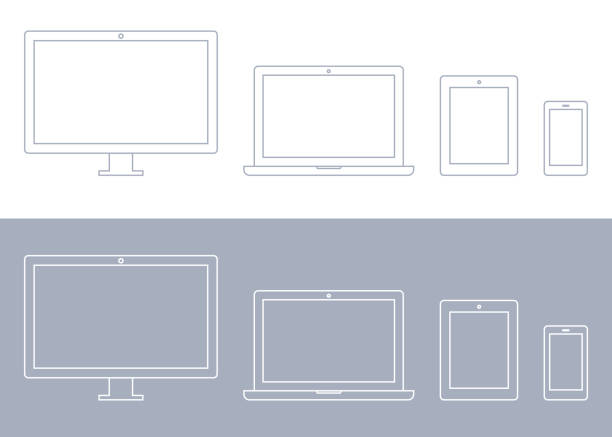 technologie-geräte, computer monitor, tv, laptop, tablet, smartphone icon set - white tablet stock-grafiken, -clipart, -cartoons und -symbole