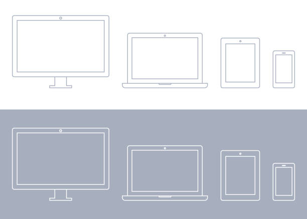기술 장치, 컴퓨터 모니터, tv, 노트북, 태블릿, 스마트폰 아이콘 세트 - 태블릿 일러스트 stock illustrations
