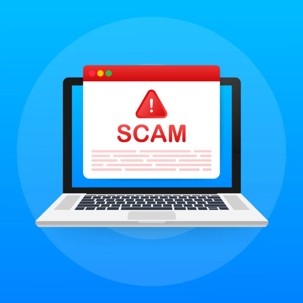 illustrazioni stock, clip art, cartoni animati e icone di tendenza di allarme truffa. attacco hacker e concetto vettoriale di sicurezza web, truffa di phishing. sicurezza della rete e di internet. illustrazione vettoriale. - exclamation point alertness error message symbol