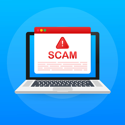 Scam alert. Hacker attack and web security vector concept, phishing scam. Network and internet security. Vector stock illustration.