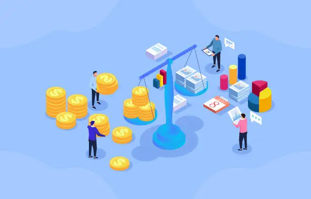 Vector illustration of Balance, money weight and file weight balance