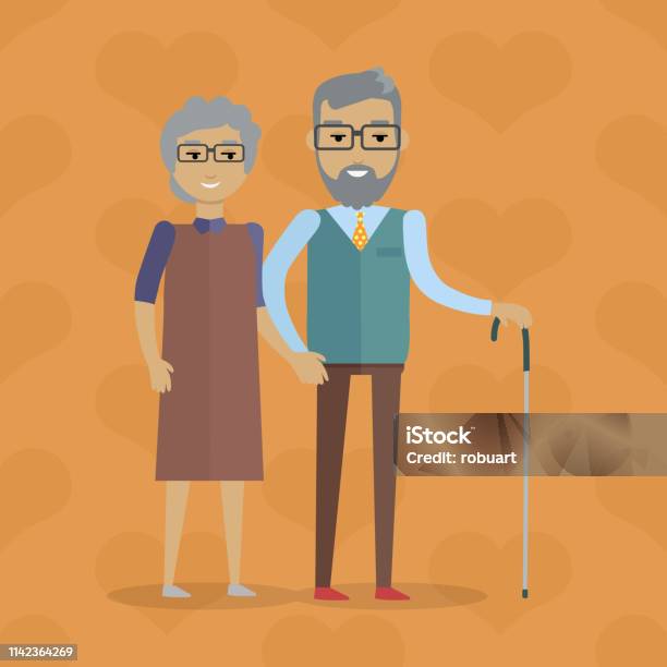 Elderly Couple Vector Illustration In Flat Design Stock Illustration - Download Image Now - Adult, Aging Process, Backgrounds