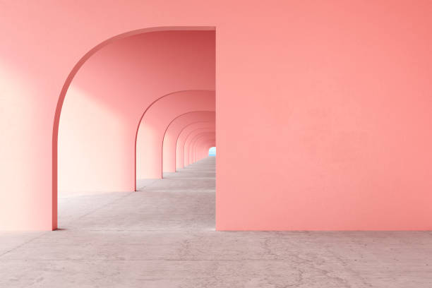 istock Pink, rose quartz color architectural corridor with empty wall, concrete floor, horizon line. 3d render illustration mock up 1142364624