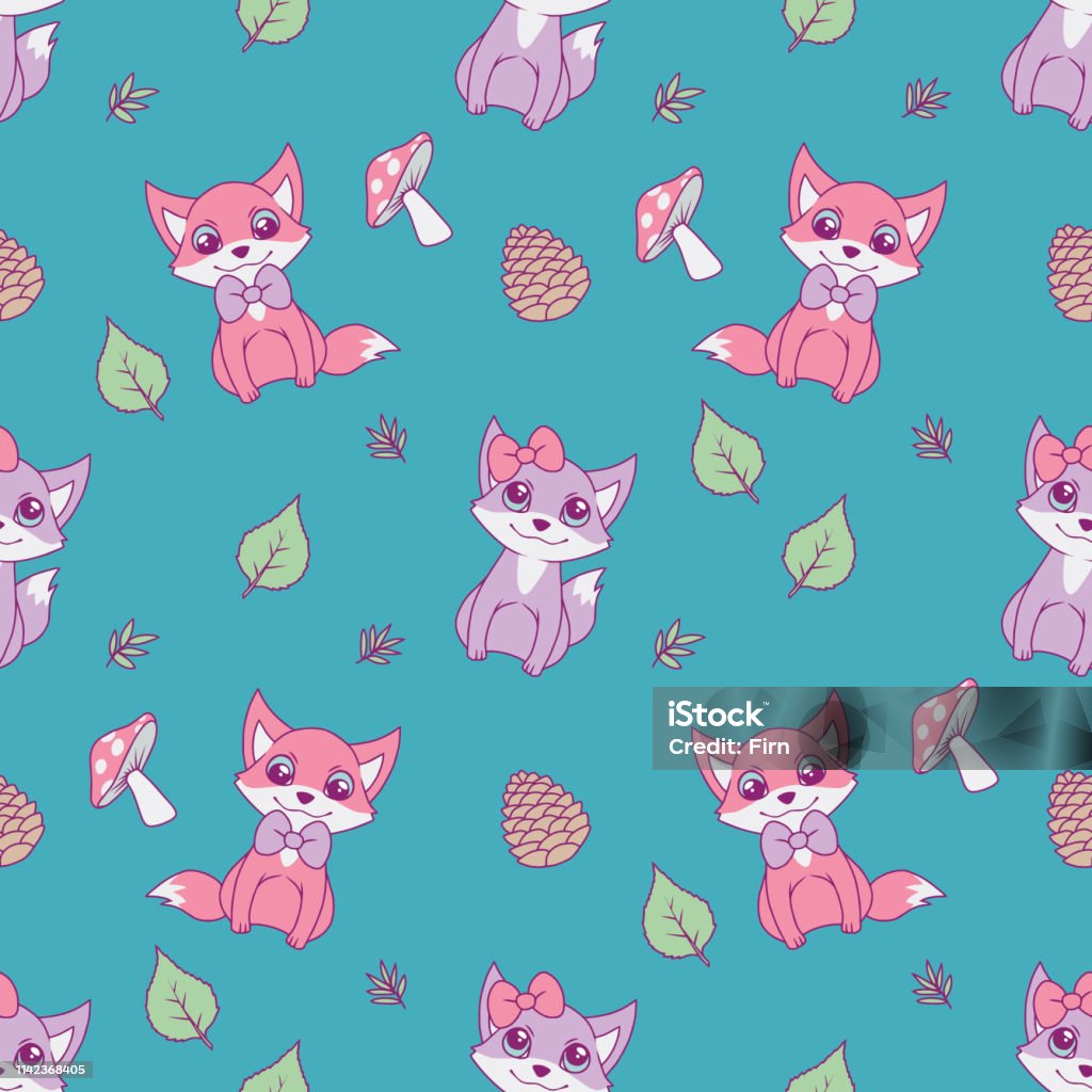 Cute seamless animal pattern for children designs with pastel pink and violet foxes, leaves and mushrooms on bright teal background seamless pattern suitable for paper or textile designs for children Animal stock illustration