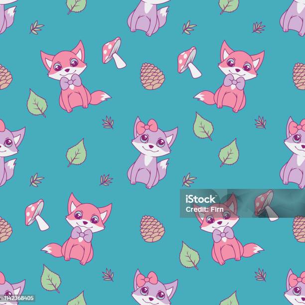 Cute Seamless Animal Pattern For Children Designs With Pastel Pink And Violet Foxes Leaves And Mushrooms On Bright Teal Background Stock Illustration - Download Image Now