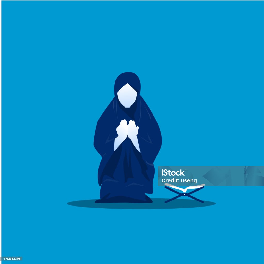 preghiera donna musulmana su sfondo blu - arte vettoriale royalty-free di Ṣalāt