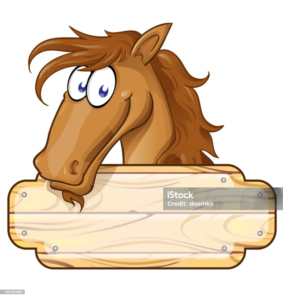 Gelukkig cartoon paard mascotte met een blanco teken - Royalty-free Cowboy vectorkunst