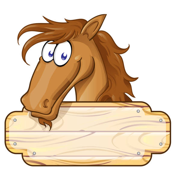 stockillustraties, clipart, cartoons en iconen met gelukkig cartoon paard mascotte met een blanco teken - gekke paarden