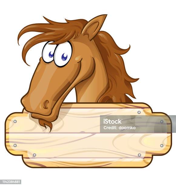 Gelukkig Cartoon Paard Mascotte Met Een Blanco Teken Stockvectorkunst en meer beelden van Cowboy