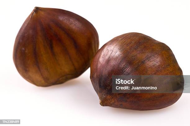 Two Chestnuts Against A White Background Stock Photo - Download Image Now - Chestnut - Food, Close-up, Color Image