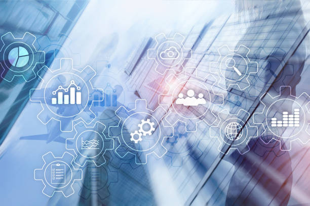 istock Business process abstract diagram with gears and icons. Workflow and automation technology concept. 1142385060