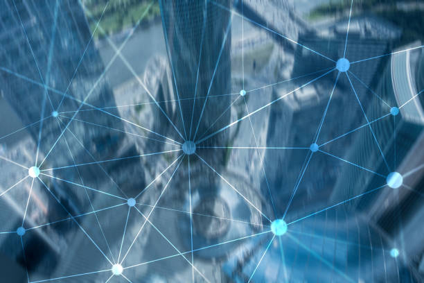 istock Blockchain network on blurred skyscrapers background. Financial technology and communication concept. 1142385132