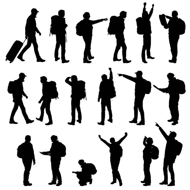 Set realistic silhouettes of tourists, men and women. Backpack on back, showing hands and rejoicing in success. - Vector Set realistic silhouettes of tourists, men and women. Backpack on back, showing hands and rejoicing in success. - Vector hiking stock illustrations