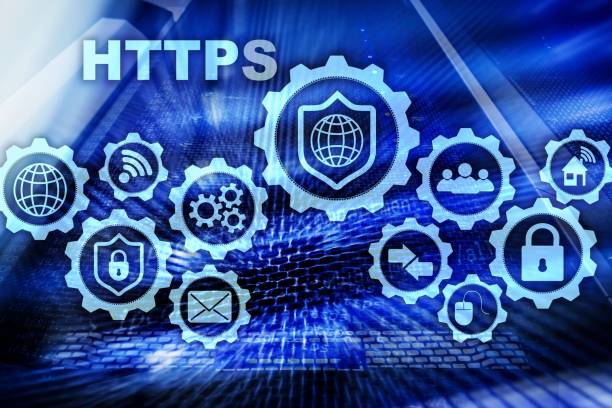 HTTPS. Hypertext Transport Protocol Secure. Technology Concept on Server Room Background. Virtual Icon for network security web service. HTTPS. Hypertext Transport Protocol Secure. Technology Concept on Server Room Background. Virtual Icon for network security web service. hypertext stock pictures, royalty-free photos & images