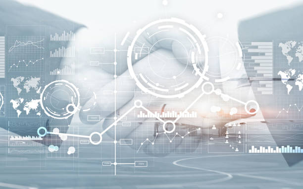 istock Creative digital abstract business interface background. Financial chart graph diagram and icon on virtual screen. Double exposure. 1142386445