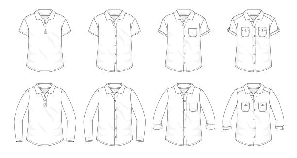 ilustrações, clipart, desenhos animados e ícones de conjunto de camisas botão até blusas moda elegante t-shirt polo coleção modelo, preencha a veste em branco tops vários estilos de manga curta e longa com bolso e colarinho contorno - camisa com botões