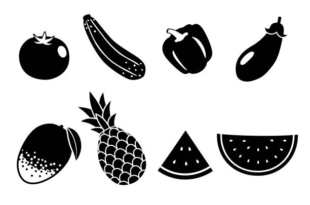 夏野菜と果物のアイコンセット - eggplant vegetable food white background点のイラスト素材／クリップアート素材／マンガ素材／アイコン素材