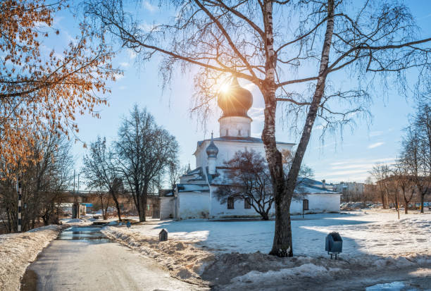 Assumption Church in Pskov and the bright spring sun