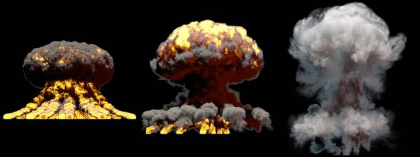 istock 3D illustration of explosion - 3 big different phases fire mushroom cloud explosion of nuclear bomb with smoke and flame isolated on black background 1142387566
