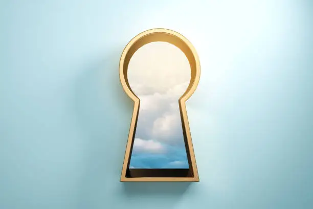 Blue wall with golden keyhole window and sky view. Access and success concept. 3D Rendering