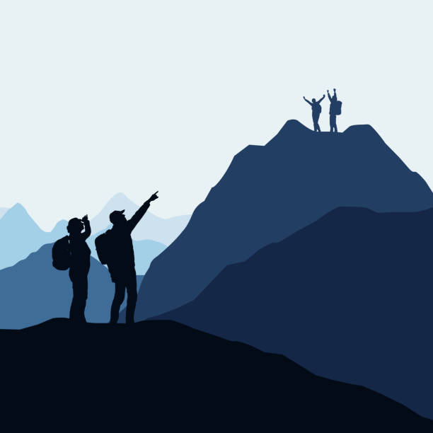 dwie drużyny wspinaczy, mężczyzn i kobiet rywalizują o zwycięstwo lub sukces. przegrany i zwycięzca na górze - wektor - mountain climbing illustrations stock illustrations