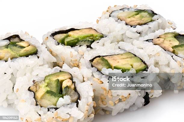 Avocado And Cucumber Sushi Roll Stock Photo - Download Image Now - Avocado, California Roll, Color Image