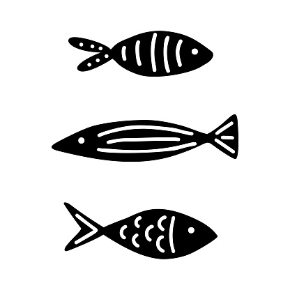 Set of doodle hand drawn fish. Black and white vector illustration