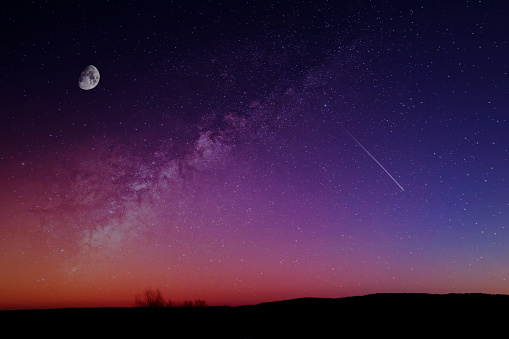 Milky way galaxy and sunset on horizon