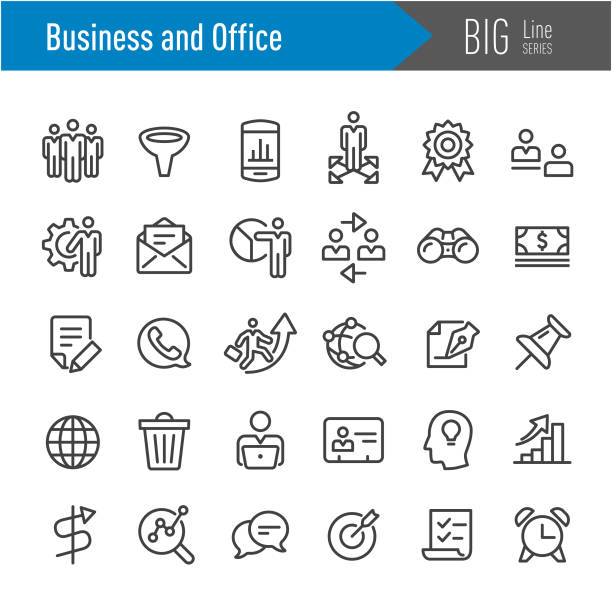 ilustraciones, imágenes clip art, dibujos animados e iconos de stock de iconos de negocios y de oficina-serie de gran línea - group of objects business human resources laptop