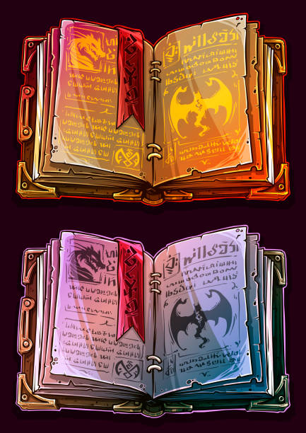 ilustraciones, imágenes clip art, dibujos animados e iconos de stock de dibujos animados coloridos libros de hechizos mágicos establecidos - halloween witch frame wizard