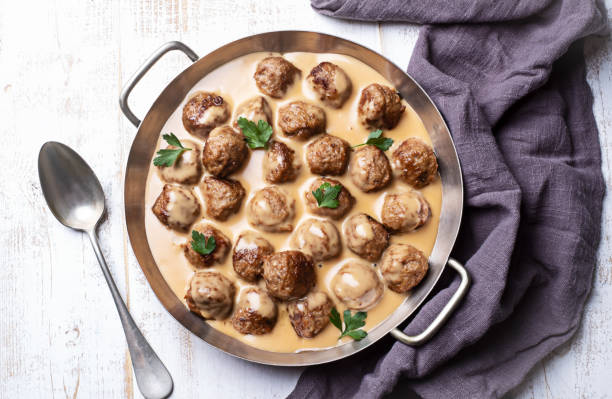 Swedish meatballs in a pan stock photo